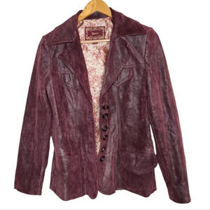 Guess‎ Leather Jacket Burgundy With Black Metallic Shine Size Small